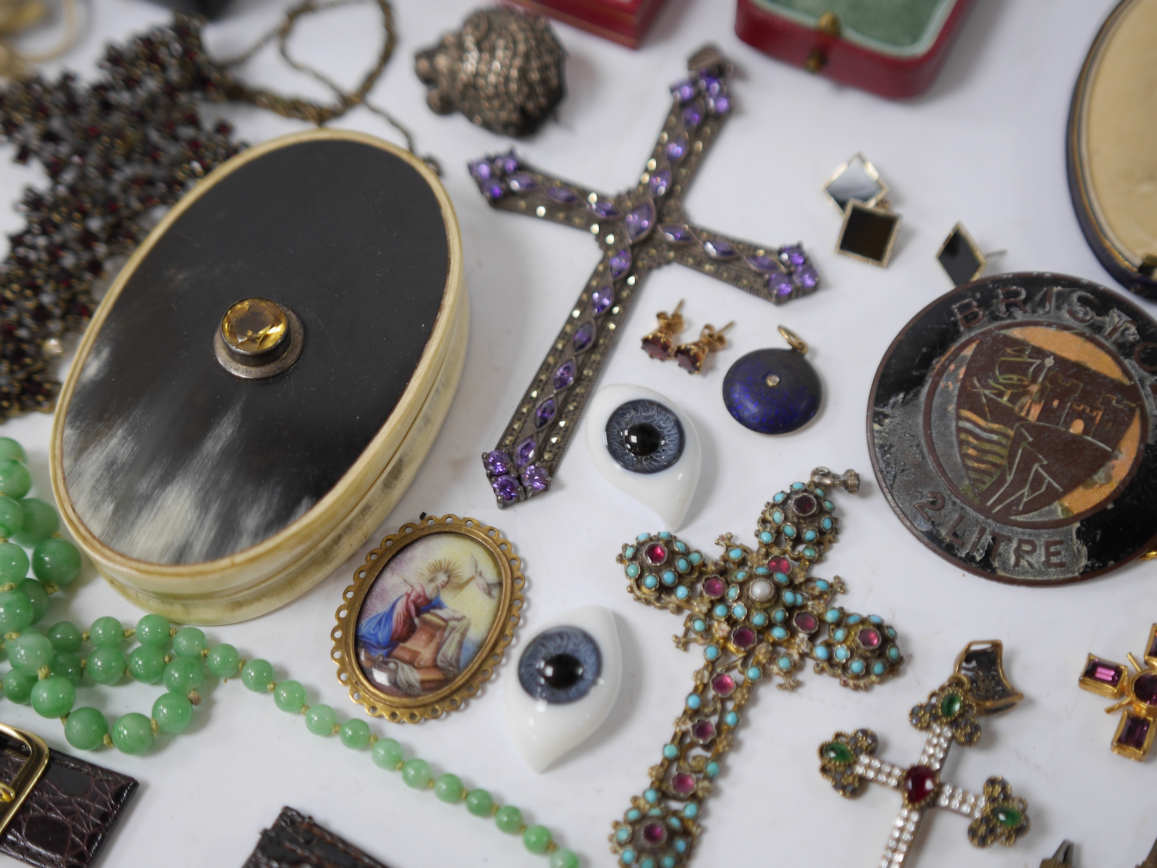 A quantity of assorted Victorian and later jewellery including a white metal, garnet, split pearl and turquoise set cross pendant, 74mm two 925 and gem set crosses, a diamond and enamel set mourning pendant, pair of silv